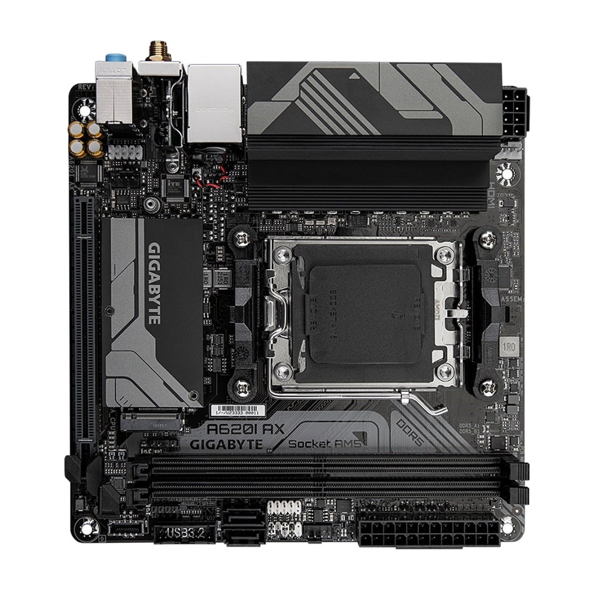 Gigabyte A620I AX (rev. 1.0) AMD AM5 Socket Motherboard, Mini-ITX, 2x DDR5 Slots, 1x M.2 Socket, 2.5GbE LAN, Wi-Fi 6E, 1 x DisplayPort / 1x HDMI Port